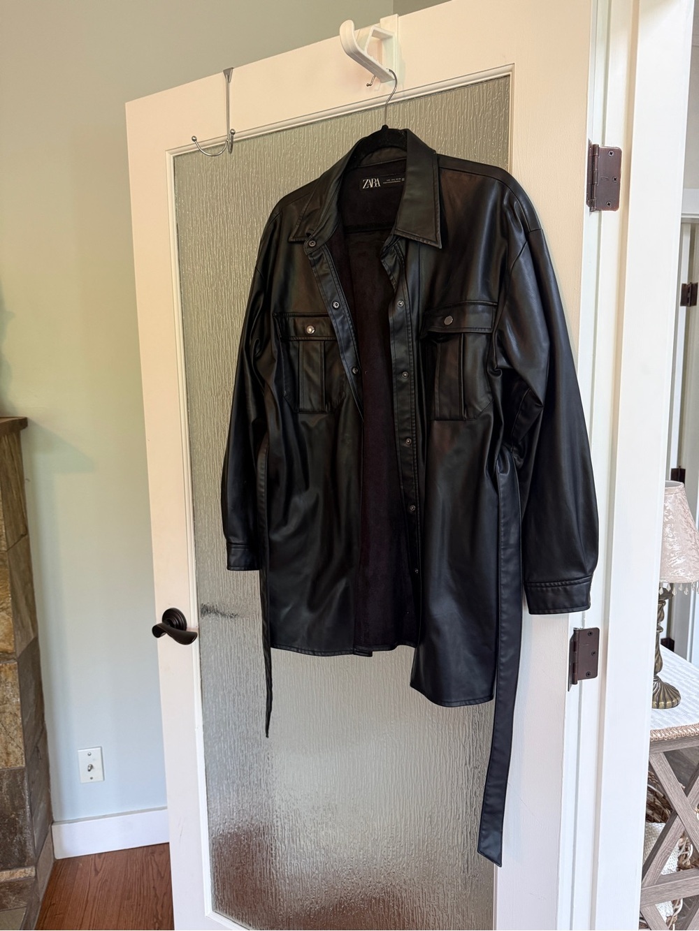 Zara Black Faux Leather Belted Shirt Jacket - Picture 3 of 14